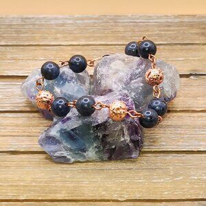 Dumortierite and Copper Electroplated Lava Rock Linked Bracelet